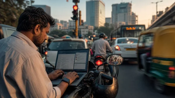 Laptop at a Traffic Signal: Is India’s Work Culture Leaving No Room to Switch Off? A Viral Moment Raises Bigger Questions About Work-Life Balance