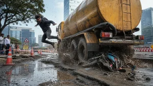 Biker Escapes Tanker After Pothole Mishap